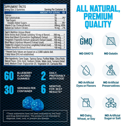 Testosterone Booster Gummies for Men - Male Enhancement Chews for Energy, Strength, Stamina & Performance - Natural Blueberry Flavor