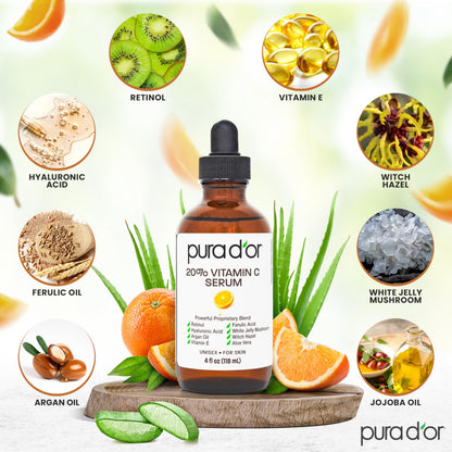 PURA D'OR 20% Vitamin C Facial Serum 4 Oz Antioxidant Blend w/Retinol, Hyaluronic Acid, Vitamin E, Ferulic Acid - Hydrating Lightweight Skincare Formula - Men Women Daily Use After Bath Oil Skin Care