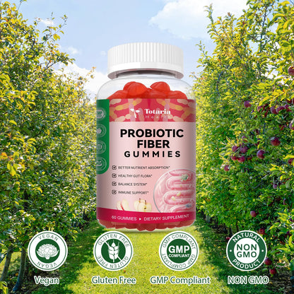 9-in-1 Probiotic Prebiotic Fiber Gummies for Adults & Teens 16G Fiber per Serving, Psyllium Husk Fiber Supplement with 5 Billion CFU Bacillus Coagulans, Inulin, ACV for Digestion & Gut - 60 Counts