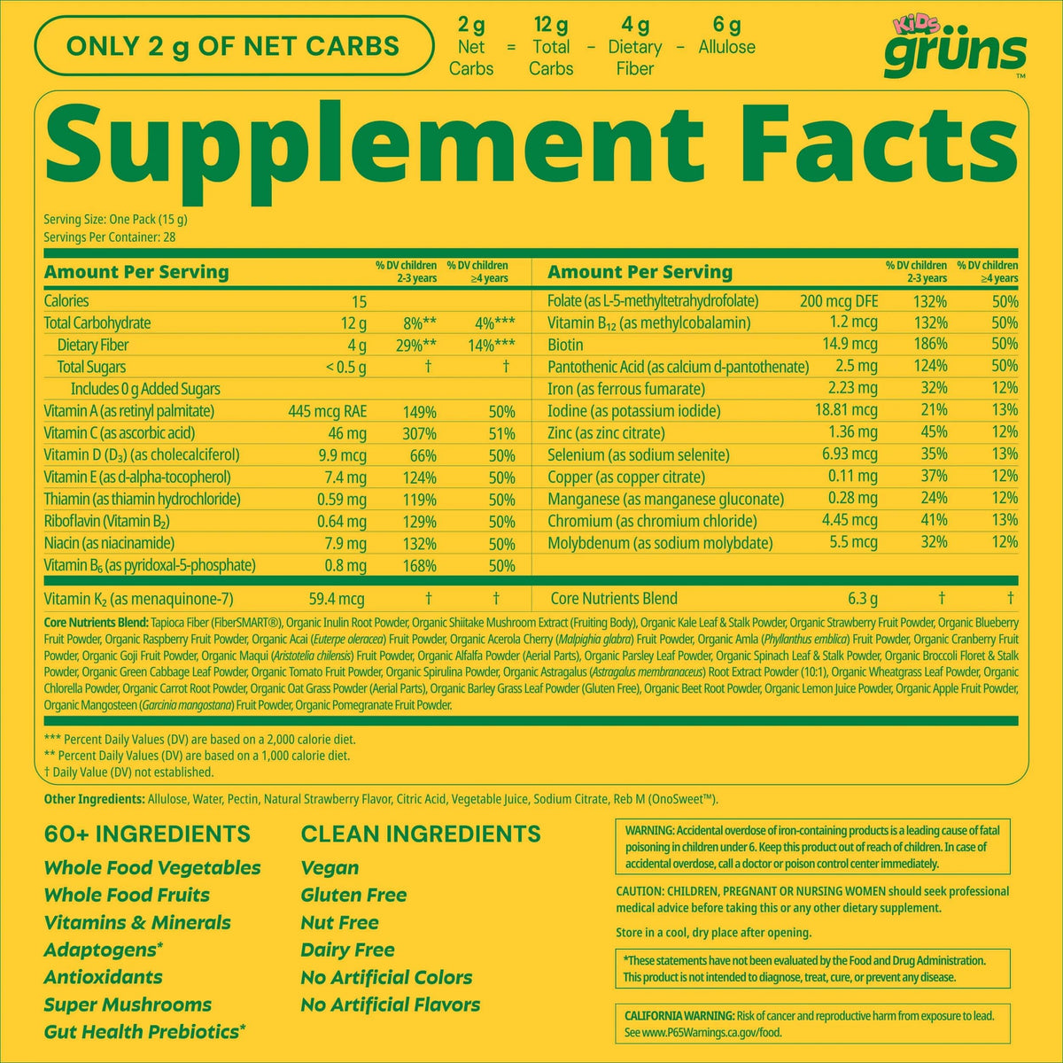 Gruns Multivitamin for Kids, Sugar-Free, Super Greens Superfood Gummy Bears with 20 Vitamins & Minerals, Alfalfa, Spirulina, Chlorella, Prebiotics Fiber for Digestive Health, Adaptogens, 28 ct