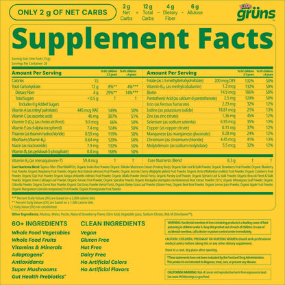 Gruns Multivitamin for Kids, Sugar-Free, Super Greens Superfood Gummy Bears with 20 Vitamins & Minerals, Alfalfa, Spirulina, Chlorella, Prebiotics Fiber for Digestive Health, Adaptogens, 28 ct