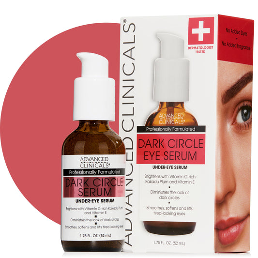 Advanced Clinicals Dark Circle Caffeine Serum bottle with dropper, showing the potent formula for under-eye brightening and depuffing.