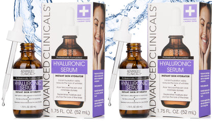 Advanced Clinicals Hyaluronic Acid Serum 2-pack bottles, showing a clear, lightweight hydrating formula for intense moisture and skin plumping.