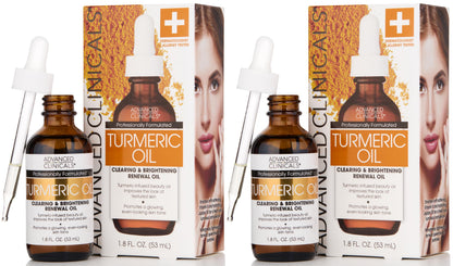 Advanced Clinicals Turmeric Oil Serum 2-pack, showing two bottles of antioxidant-rich facial oil designed to brighten and moisturize dry skin.