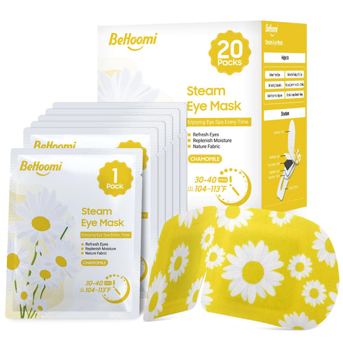 BeHoomi self heating steam eye mask chamomile scented warm compress for sleep relaxation and eye fatigue relief 20 pack