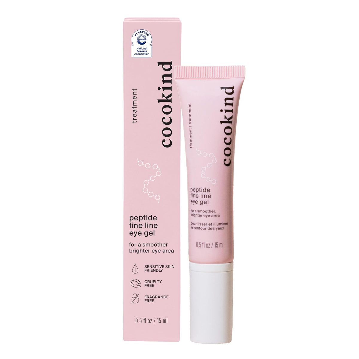 Cocokind Peptide Eye Gel tube with a cooling metal applicator, designed for soothing and treating the delicate under-eye area.