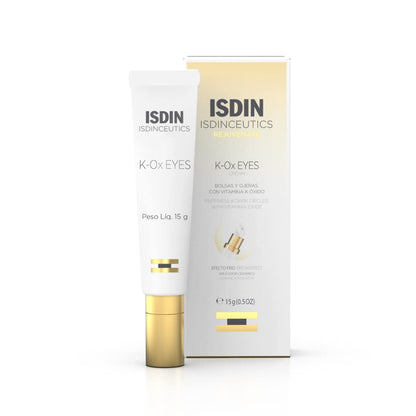 A 0.5 oz tube of ISDIN Isdinceutics K-Ox Eyes, featuring a specialized applicator for dark circles and puffiness.