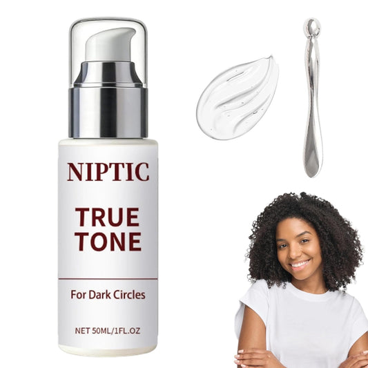 A single tube of Niptic True Tone Eye Cream, specially formulated for dark circles, puffiness, and repairing delicate eye skin.