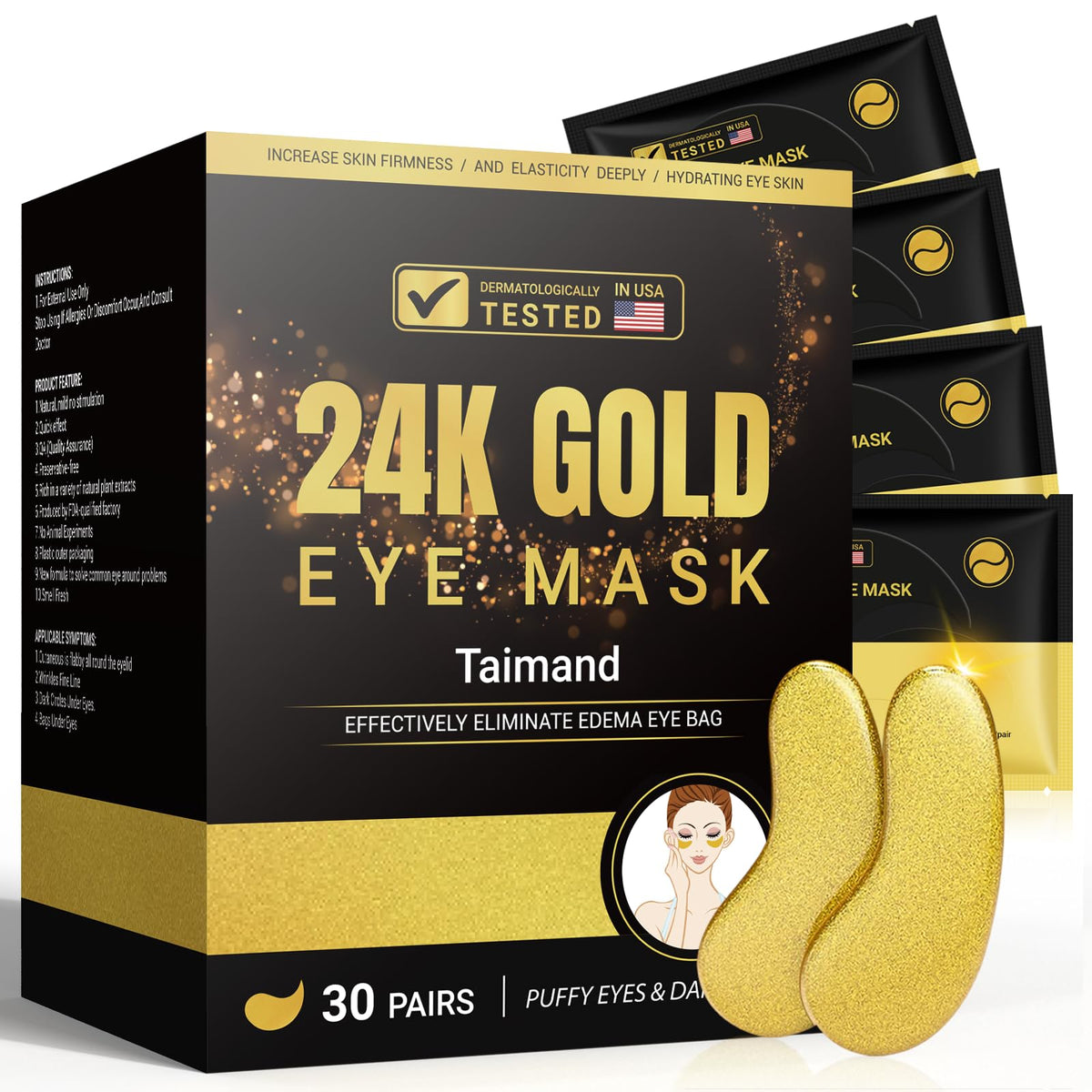 Taimand 30 Pairs 24K Gold Under Eye Patches - Luxury Collagen Eye Mask for Refreshing and Anti-Wrinkle Treatment