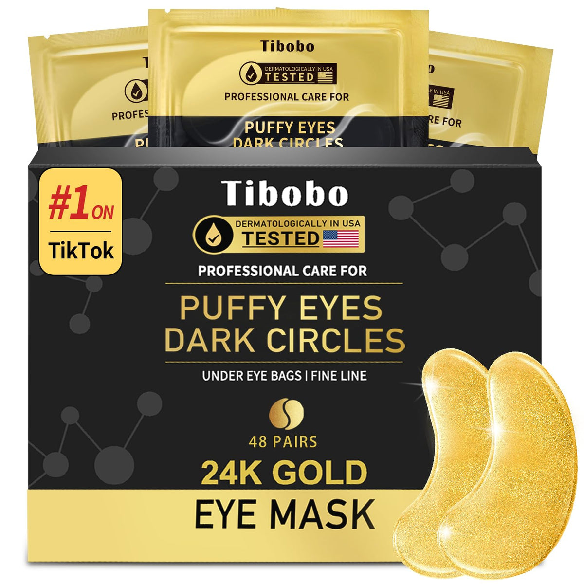 Box of 48 pairs of Tibobo 24K gold under-eye patches enriched with collagen for anti-aging and dark circle reduction.