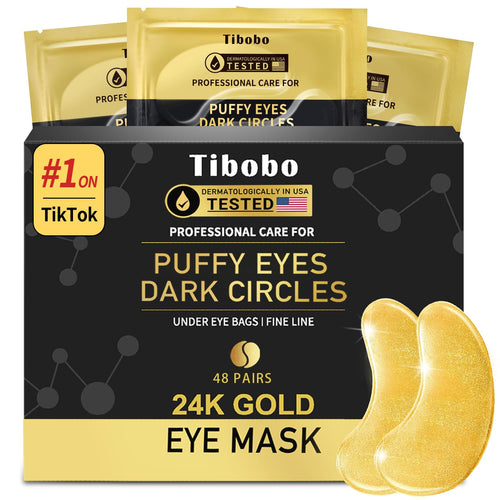 Box of 48 pairs of Tibobo 24K gold under-eye patches enriched with collagen for anti-aging and dark circle reduction.
