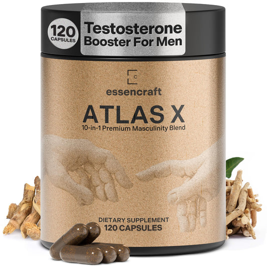 Essencraft Atlas X testosterone booster for men 10-in-1 supplement with Shilajit Zinc Tongkat Ali muscle strength and performance capsules