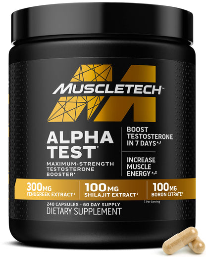 MuscleTech AlphaTest testosterone booster pills men Tribulus Boron muscle growth stamina energy gym workout supplement 240 pills bottle
