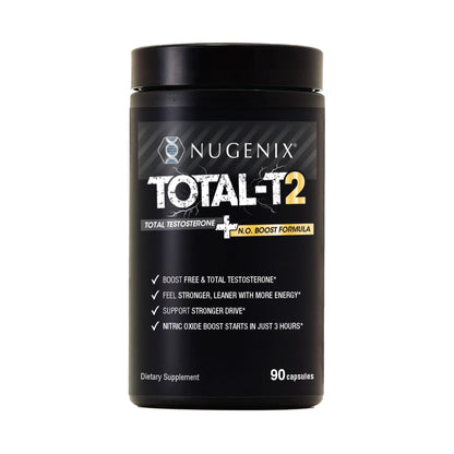 Nugenix Total-T2 testosterone and nitric oxide booster supplement for men with Tesnor S7 ElevATP Tongkat Ali Citrulline energy strength performance 90 count bottle
