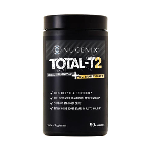 Nugenix Total-T2 testosterone and nitric oxide booster supplement for men with Tesnor S7 ElevATP Tongkat Ali Citrulline energy strength performance 90 count bottle