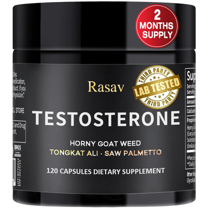 Rasav testosterone booster capsules men Horny Goat Weed Tongkat Ali energy stamina strength muscle growth performance 120 capsules bottle