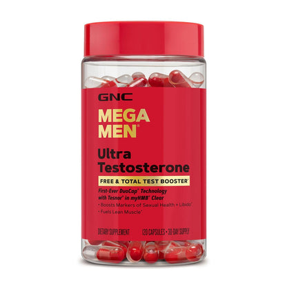 GNC Mega Men Ultra testosterone booster tablets men free total testosterone energy strength stamina performance support 120 count bottle