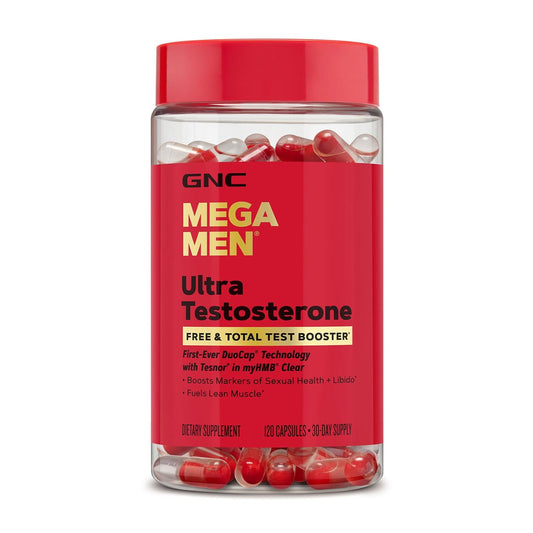 GNC Mega Men Ultra testosterone booster tablets men free total testosterone energy strength stamina performance support 120 count bottle
