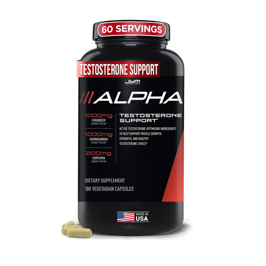 Alpha JYM testosterone support capsules men Ashwagandha Fenugreek Tongkat Ali DIM Damiana Quercetin energy vitality performance 180 vegetarian capsules bottle