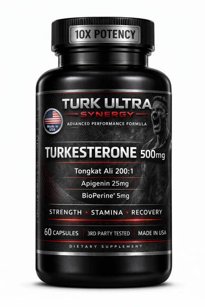 Turkesterone Tongkat Ali supplement capsules for men 500mg muscle growth stamina performance Apigenin BioPerine 60 capsules made in USA bottle
