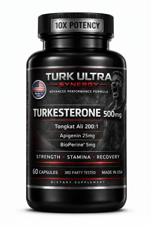 Turkesterone Tongkat Ali supplement capsules for men 500mg muscle growth stamina performance Apigenin BioPerine 60 capsules made in USA bottle