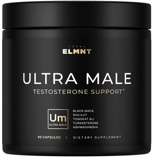 ULTRA MALE premium testosterone booster supplement for men with Shilajit Black Maca Ashwagandha Tongkat Ali libido energy strength support capsules bottle
