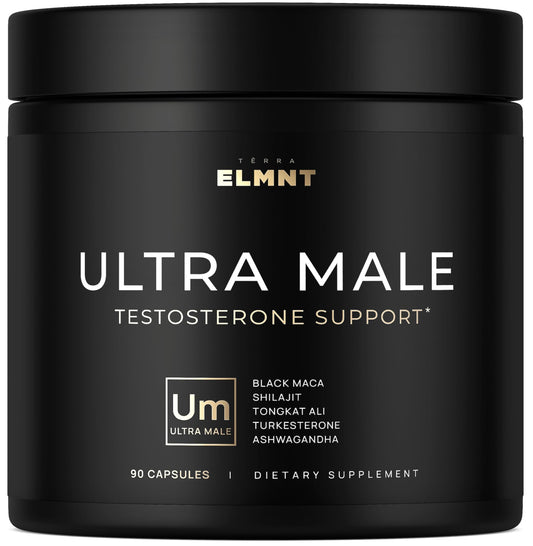 ULTRA MALE premium testosterone booster supplement for men with Shilajit Black Maca Ashwagandha Tongkat Ali libido energy strength support capsules bottle