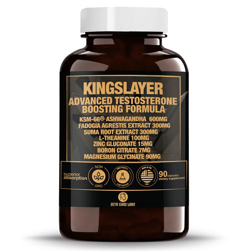 Zeta Chad Labs Kingslayer 7 in 1 testosterone booster capsules for men KSM-66 Fadogia zinc magnesium energy muscle support bottle